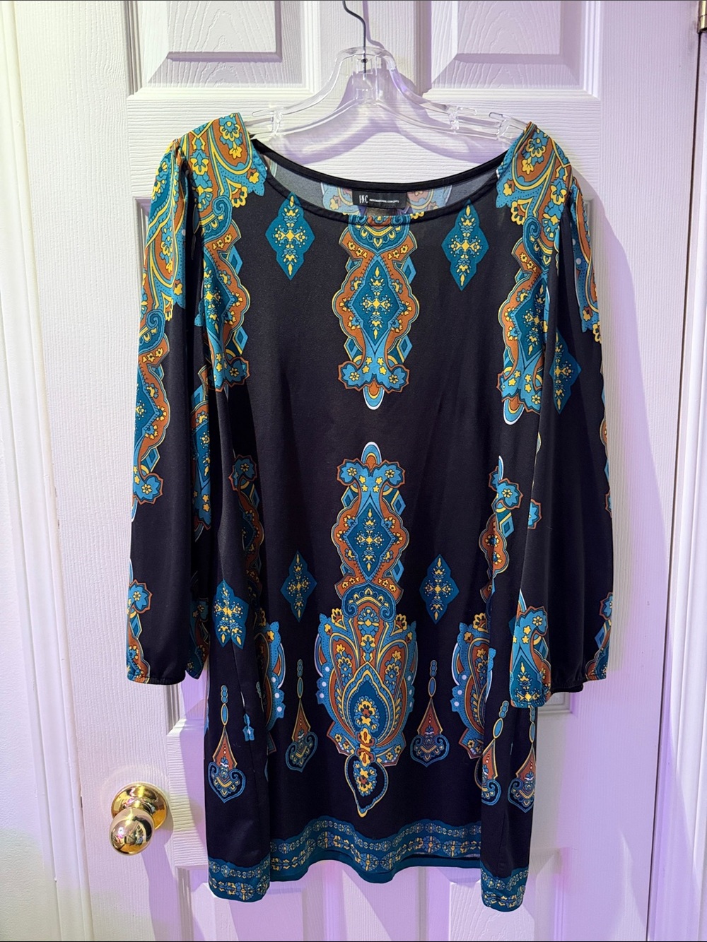 Black Tunic Dress with Teal & Rust Paisley Print